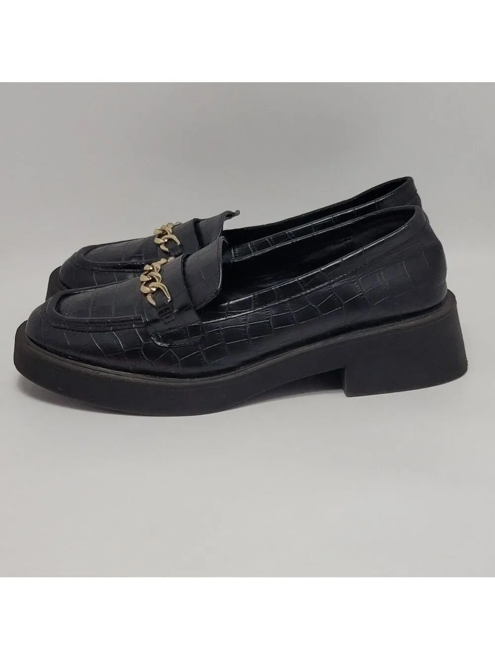 Reaction Kenneth Cole Sienna Lug Black Loafers Shoes With Chain Size 9